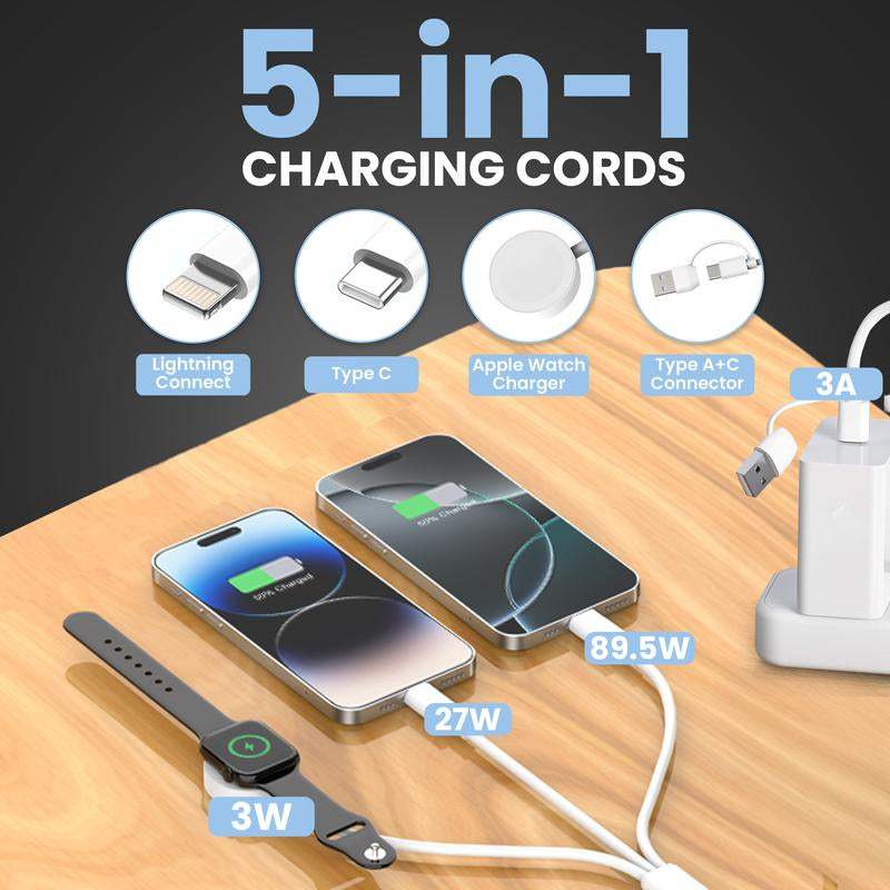 ERKHL 5-In-1 Multi Charging Cable - USB A, Dual Type-C, Lightning & Iwatch Charger for Various Devices