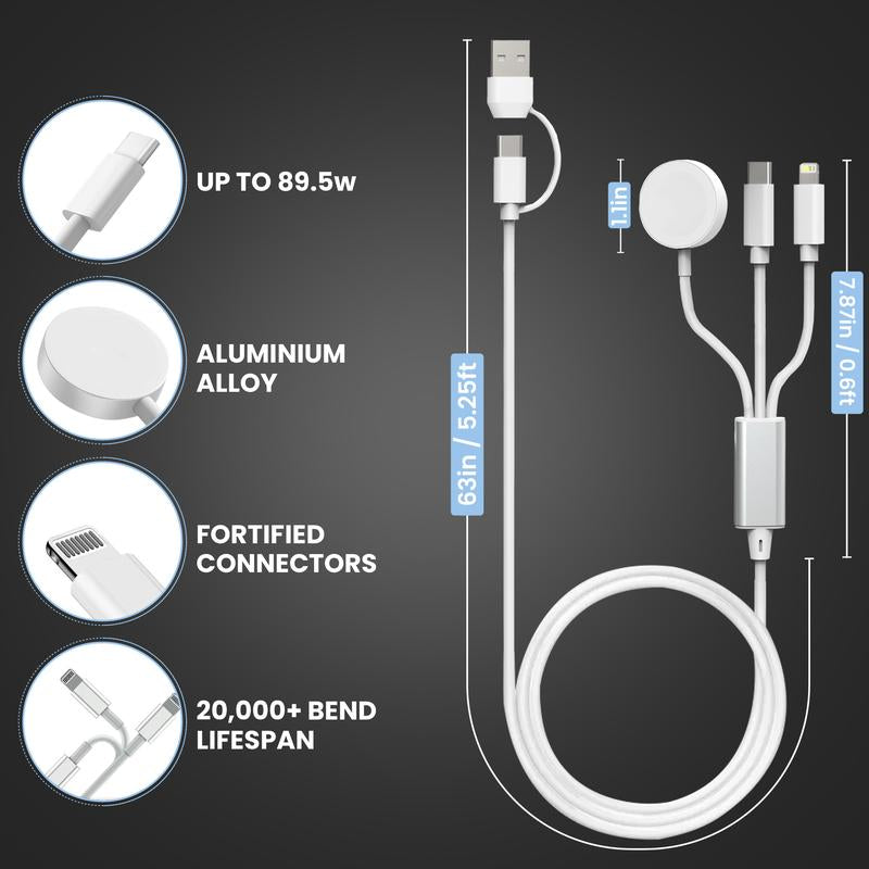 ERKHL 5-In-1 Multi Charging Cable - USB A, Dual Type-C, Lightning & Iwatch Charger for Various Devices