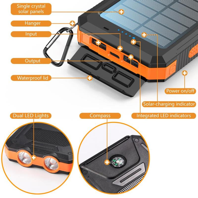 10000Mah Solar Charging Power Bank, Dual USB Output Port Multicharger Power Bank with Flashlights, Portable Wireless Car Charger, Solar Power Bank Charger for Iphone, Travel Gadgets, Electronics Accessories